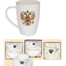 Подарочный набор Кружка из  фарфора(Овал) 300мл.; Артикул: 1977; Производитель стекла/хрусталя/фарфора: Китай; Цвет/Дизайн: белый / золото герб РФ; У