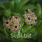 Серьги со стразами "Цветочная фантазия", цвет сине-серый в золоте