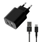 Зарядное устройство сетевое (220 В) DEPPA Ultra, кабель micro USB 1,2 м, 2 порта USB, выходной ток 2,1 А, черное