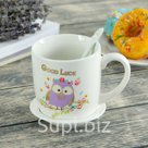 Кружка 350 мл "Совы", с подставкой и ложкой, рисунок МИКС