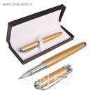 Ручка подарочная шариковая в кожзам футляре песочное золото с серебр вставками