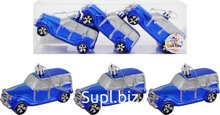 Christmas tree decorations: SUVs, 3 pcs., 9.5 x 3.9 x 5.5 cm. Package size: 227 x 39 x 77 mm. Color: blue.