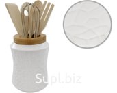 Mosaic stand with kitchen utensils, 5 items Material: porcelain, bamboo, stainless steel