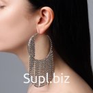 Серьги кольца со стразами QF «Водопад», нити на крупных кольцах, белые в серебре