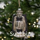 Стеклянное новогоднее украшение "Фонарь", серебро/шампань/черный, 15 см