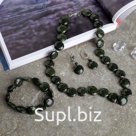 Набор 3 предмета: серьги, бусы, браслет, лепёшка "Змеевик"