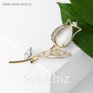 Брошь "Цветок" тюльпан, кошачий глаз, цвет серый в золоте