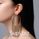 Серьги кольца со стразами QF «Водопад», нити на крупных кольцах, белые в золоте