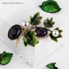 Брошь "Веточка" осени, цвет чёрно-зелёный в чернёном золоте