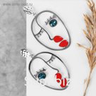 Серьги эмаль "Лица" арт, цвет сине-красный в серебре