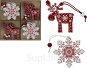 Christmas tree decorations: Deer and snowflake, 12 pcs., wooden. Color: red, white. Size: 6 cm.