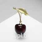 Брошь «Вишенка» с листочком, бордово-зелёная в золоте